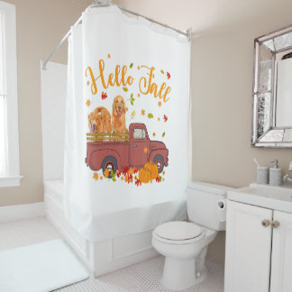 ゴールデンレトリーバー犬がカボチャのトラックに乗る秋 シャワーカーテン