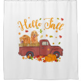 ゴールデンレトリーバー犬がカボチャのトラックに乗る秋 シャワーカーテン (正面)