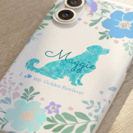ゴールデンレトリーバー パステルブルーの花柄 カスタムネーム iPhone 16ケース