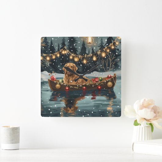 ゴールデンレトリーブクリスマスフェスティバル航海 スクエア壁時計 (ホーム)