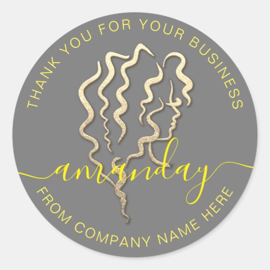 ゴールデンロゴ名グレーイエローヘア美しいありがとう ラウンドシール (正面)