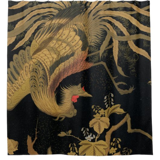 ゴールデンロスターバード日本のクラシックアンティーク シャワーカーテン (正面)