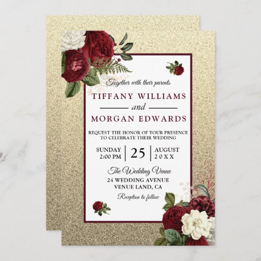 ゴールデンロマンチックなブルゴーニュフローラ結婚式の招待 招待状 (正面/裏面)