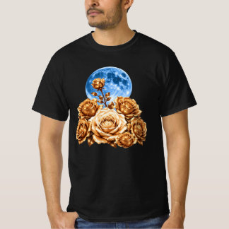 ゴールデンローズと青い満月 天体美学 Tシャツ