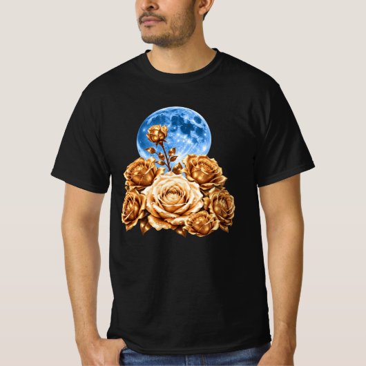 ゴールデンローズと青い満月　天体美学 Tシャツ (正面)