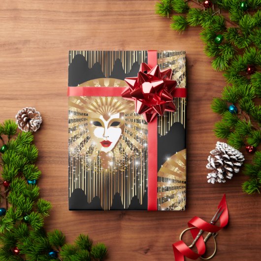 ゴールデンヴェネツィアカーニバルパーティーマスク ラッピングペーパー (クリスマスギフト)