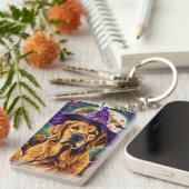 ゴールデン不気味レトリエバーハロウィーンウィッチパンプキン キーホルダー (正面右)