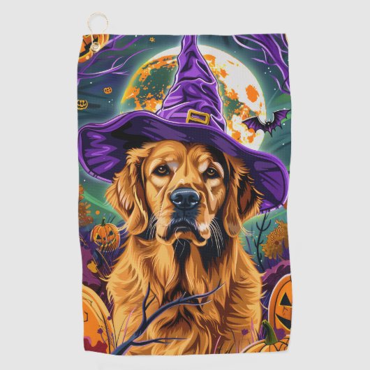 ゴールデン不気味レトリエバーハロウィーンウィッチパンプキン ゴルフタオル (正面)