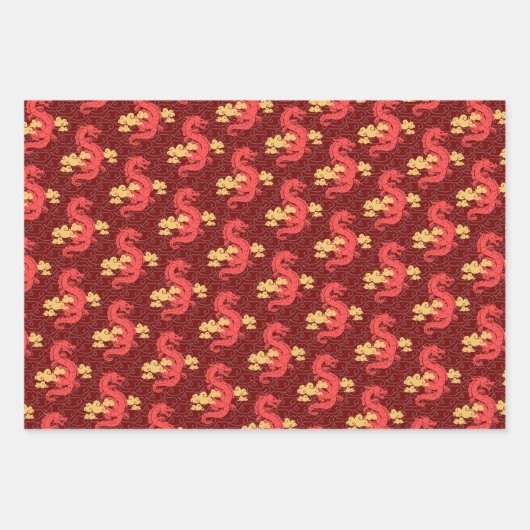 ゴールデン中国のドラゴンズ新年の高級オリエンタル ラッピングペーパーシート (正面)