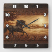 ゴールデン威厳のあるサンライズフィールドで馬がギャロピンイン スクエア壁時計 (正面)