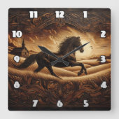 ゴールデン威厳のあるフィールドを駆け抜ける馬 スクエア壁時計 (正面)