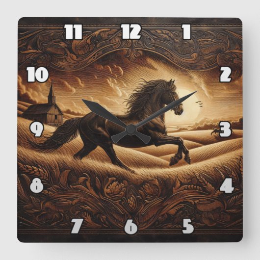 ゴールデン威厳のあるフィールドを駆け抜ける馬 スクエア壁時計 (正面)