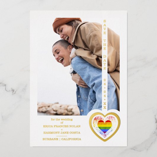 ゴールデン実在エフェクトプライドレインボーハートレズビアンゲイ 箔招待状 (正面)