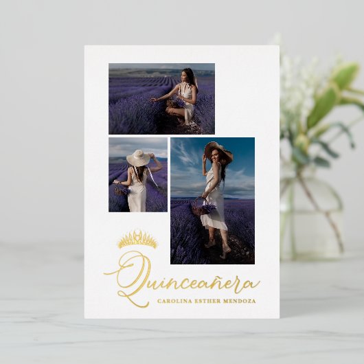 ゴールデン実在ティアラのミニマリストキンセアニラスペインの 箔招待状 (立ち正面)