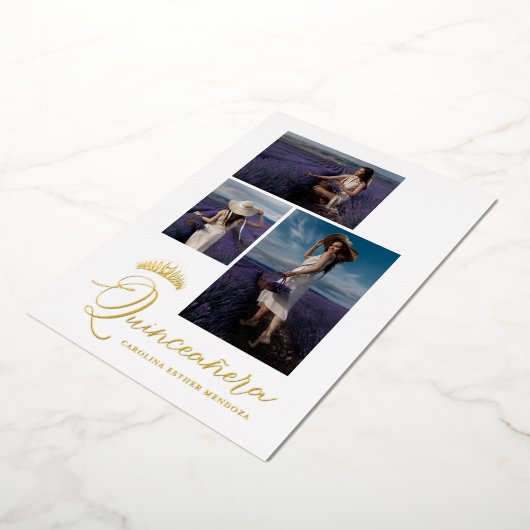 ゴールデン実在ティアラのミニマリストキンセアニラスペインの 箔招待状 (回転した状態)