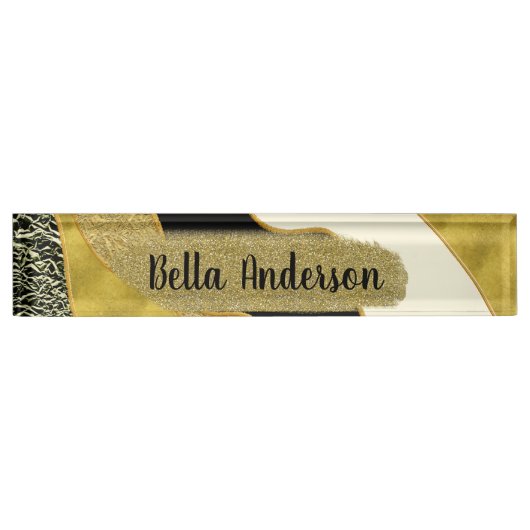 ゴールデン抽象芸術モダンウェーブ金ゴールドグラムトレンディー デスクネームプレート (正面)