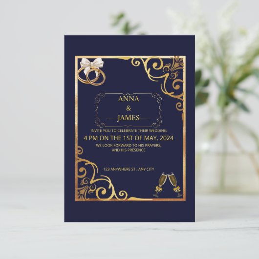 ゴールデン招待状カードエレガント金ゴールド花 招待状 (スタンド正面)