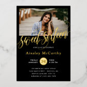 ゴールデン渦巻形のスクリプトSweet sixteen写真 箔招待状 (正面)