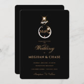 ゴールデン王室のダイヤモンドリングや輪モノグラムブラック結婚ズ 招待状 (正面/裏面)