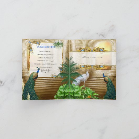 ゴールデン王室のピーコック寺ドリームカップルのシャワー 招待状 (内部)