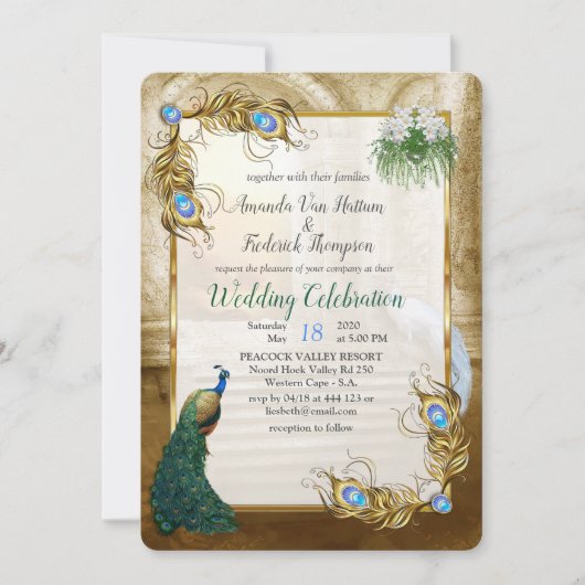 ゴールデン王室のピーコック – 羽根 招待状 (正面)