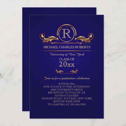 ゴールデン王室のモノグラムブルー卒業招待状 招待状 (正面/裏面)
