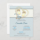 ゴールデン男の赤ちゃんの足跡とハートベビーシャワー インビテーションポストカード (正面/裏面)