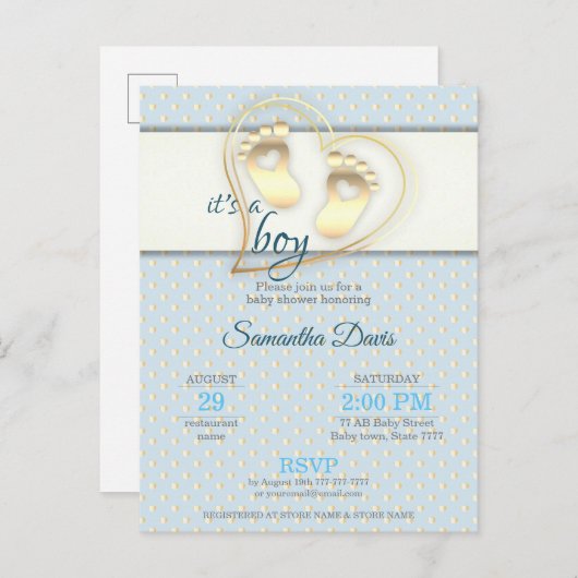 ゴールデン男の赤ちゃんの足跡とハートベビーシャワー インビテーションポストカード (正面/裏面)