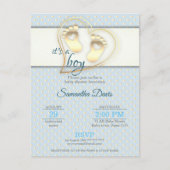 ゴールデン男の赤ちゃんの足跡とハートベビーシャワー インビテーションポストカード (正面)