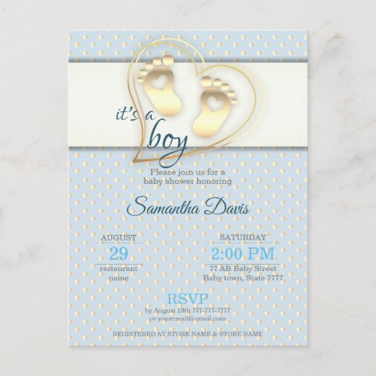 ゴールデン男の赤ちゃんの足跡とハートベビーシャワー インビテーションポストカード (正面)