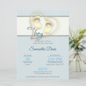 ゴールデン男の赤ちゃんの足跡とハートベビーシャワー 招待状 (スタンド正面)