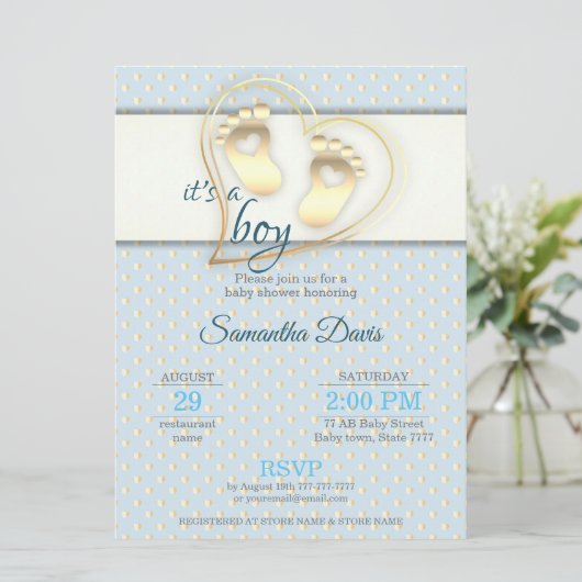ゴールデン男の赤ちゃんの足跡とハートベビーシャワー 招待状 (スタンド正面)
