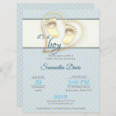 ゴールデン男の赤ちゃんの足跡とハートベビーシャワー 招待状 (正面/裏面)