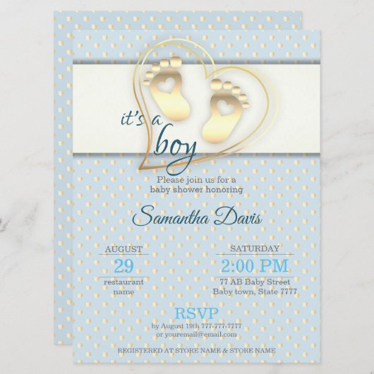 ゴールデン男の赤ちゃんの足跡とハートベビーシャワー 招待状 (正面/裏面)