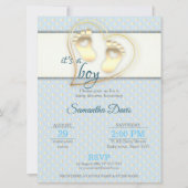 ゴールデン男の赤ちゃんの足跡とハートベビーシャワー 招待状 (正面)