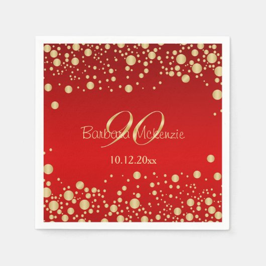 ゴールデン紙吹雪の赤90th誕生日パーティー スタンダードカクテルナプキン (正面)