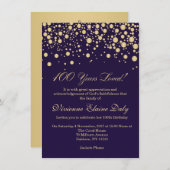 ゴールデン紙吹雪オン紫100誕生日パーティー 招待状 (正面/裏面)