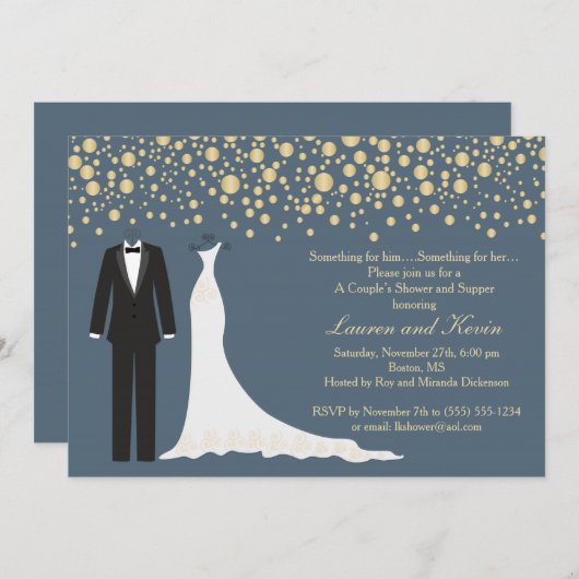 ゴールデン紙吹雪タキシード&ガウンウェディングシャワー 招待状 (正面/裏面)