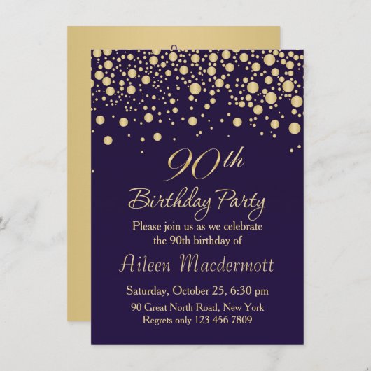 ゴールデン紙吹雪90thバースデーパーティーへの招待 招待状 (正面/裏面)