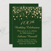 ゴールデン紙吹雪、ダークグリーン100誕生日パーティー 招待状 (正面/裏面)