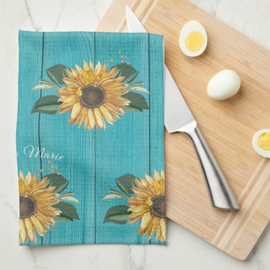 ゴールデン素朴イエローサンフラワーティール（緑がかった色）ウッドバストウ キッチンタオル (四つ折り)