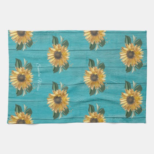 ゴールデン素朴イエローサンフラワーティール（緑がかった色）ウッドバストウ キッチンタオル (横)