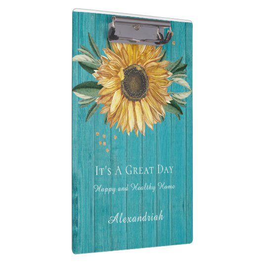 ゴールデン素朴サンフラワーティール（緑がかった色）ブルーバーンウッド クリップボード (右)