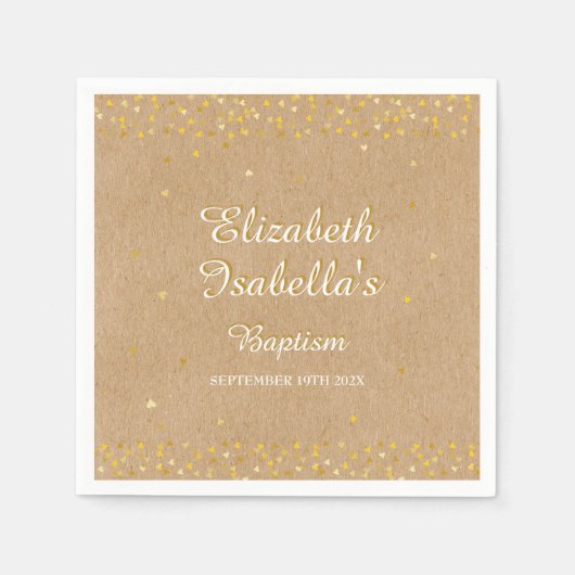 ゴールデン素朴ハート紙吹雪バプテスマ《キリスト教》洗礼式や命名式 スタンダードカクテルナプキン (正面)