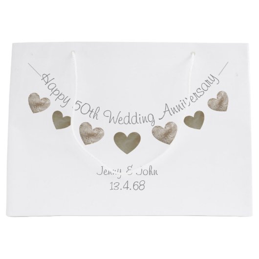 ゴールデン結婚ハートで50周年を迎える ラージペーパーバッグ (正面)