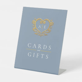 ゴールデン結婚モノグラムのカードとギフトほこりっぽい青 台座サイン