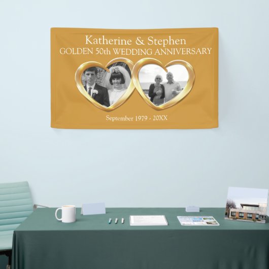 ゴールデン結婚記念日2ハートのフォトバナー 横断幕 (トレードショー)