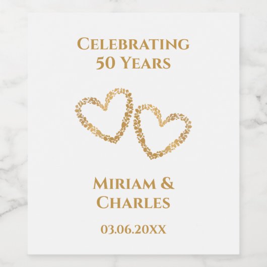 ゴールデン結婚50周年ハートパーソナライズされた ワインラベル (シングルラベル)