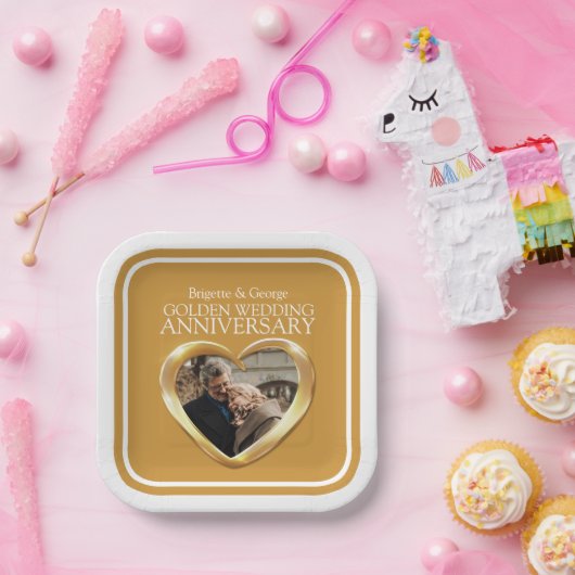 ゴールデン結婚50周年記念写真ハート広場 ペーパープレート (パーティー)