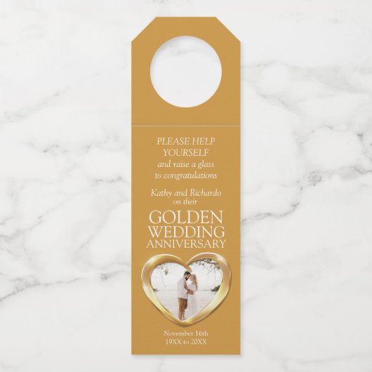 ゴールデン結婚50周年記念写真ハート ボトルネックタグ (正面)